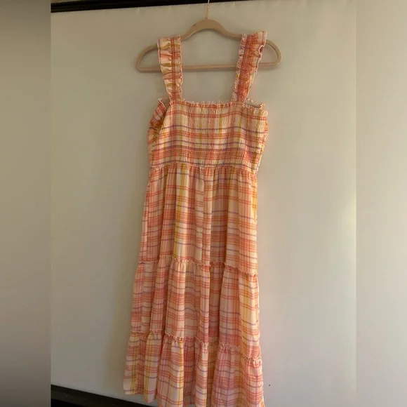 AS U WISH PINK/ORANGE PLAID SLEEVELESS SMOCKED MIDI DRESS SPRING/SUMMER SIZE L - Picture 3 of 12